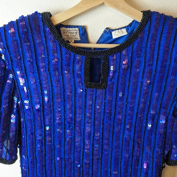 Vintage Stenay Blue Silk Sequined Top Size PL - Picture 5 of 7